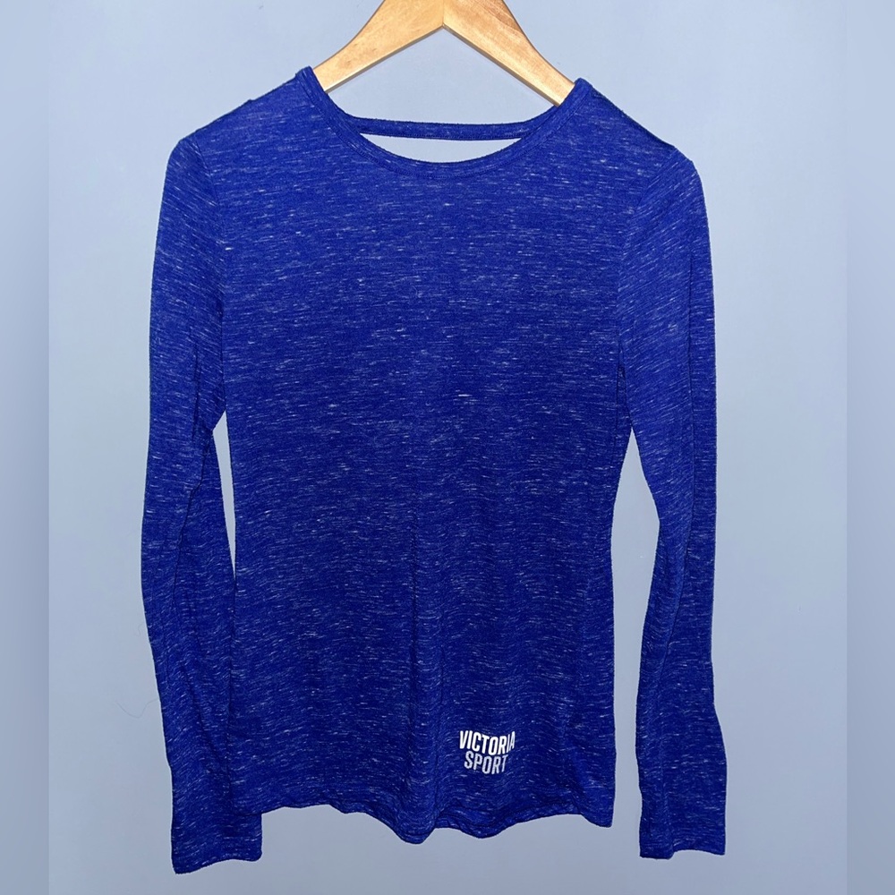 Victoria Sport Womens Long Sleeve Open Back Strappy Active Top Blue Space Dye XS